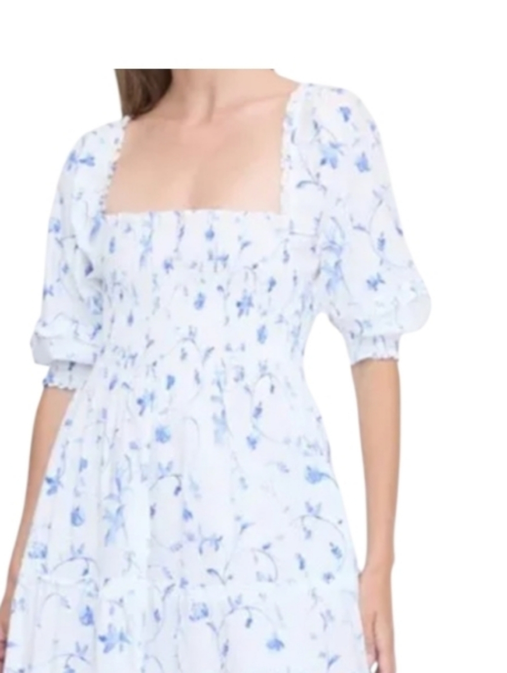 Hill House Ellie Square-Neck Smocked Top Midi Dress White & Blue Sz Xs New